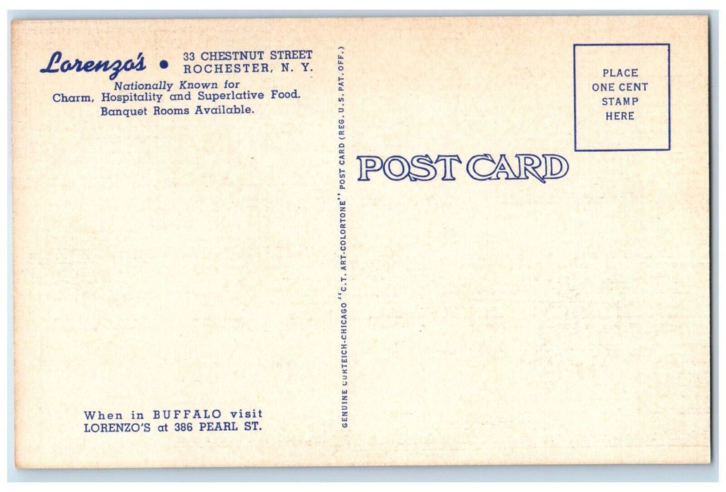 c1940 Lorenzo Rochester Restaurant Chestnut Street Rochester New York Postcard
