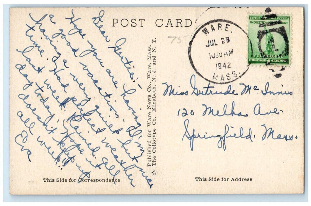 1942 Front View East Congregational Church Ware Massachusetts MA Postcard