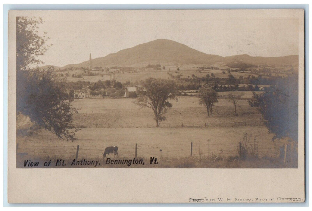 View Of Mt. Anthony Bennington Vermont VT, Cow Antique RPPC Photo Postcard