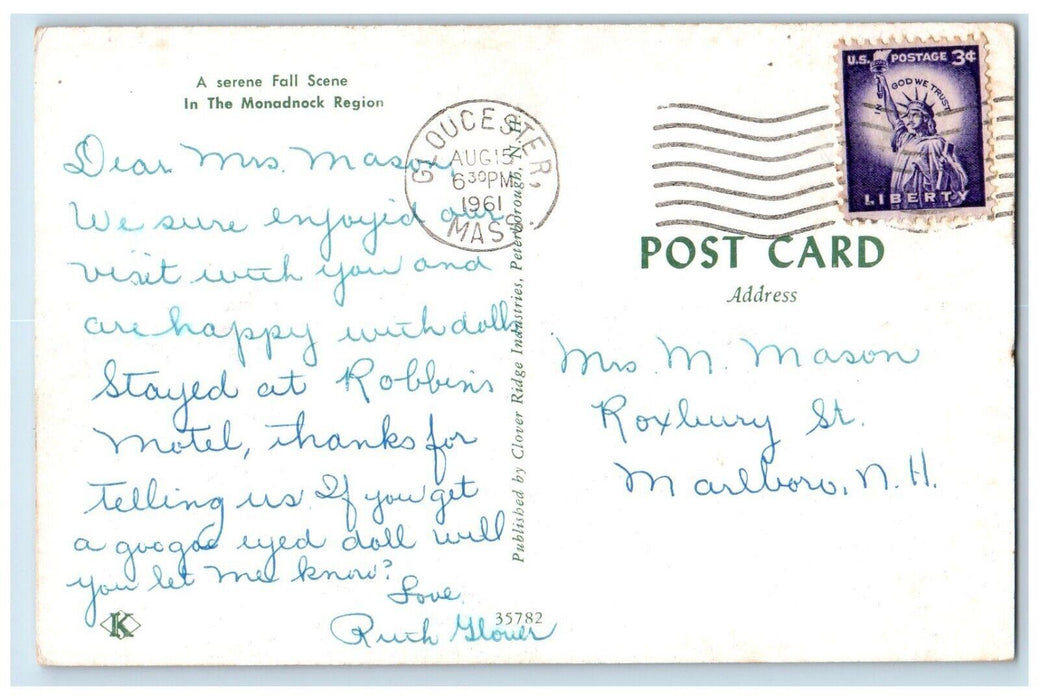 1961 A Serene Fall Scene Monadnock Region Massachusetts MA Gloucester Postcard