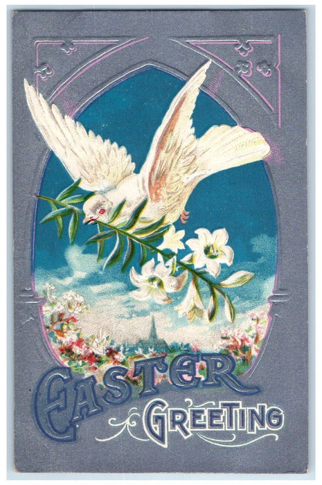 c1910's Easter Greeting Dove With Lilies Flowers Embossed Antique Postcard