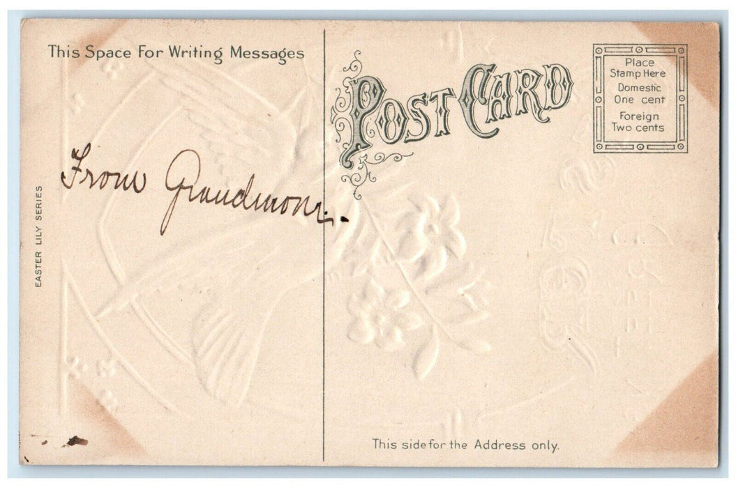 c1910's Easter Greeting Dove With Lilies Flowers Embossed Antique Postcard