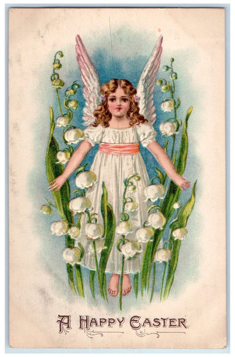c1910's Happy Easter Angel White Flowers Nash Embossed Posted Antique Postcard