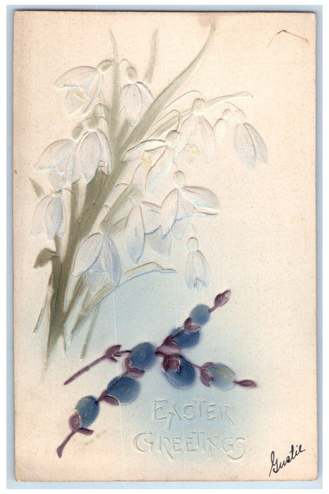 c1905 Easter Greetings Lilies Flowers Pipe Berry Airbrushed Embossed Postcard