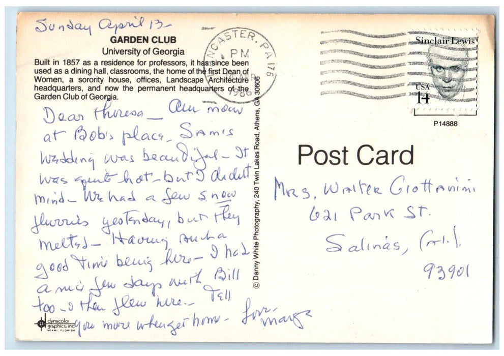 1986 Garden Club Building University Georgia GA Lancaster Pennsylvania Postcard