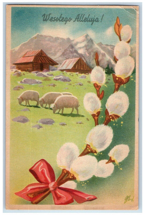 c1910's Happy Easter Pipe Berry Sheep Farm House Poland Posted Antique Postcard