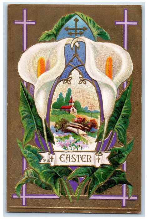 c1910's Easter Holy Cross Flowers Church Embossed Nash Posted Antique Postcard