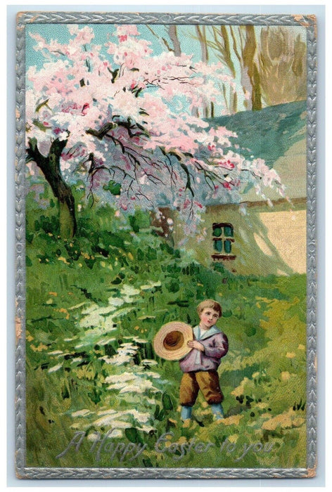 c1910's Happy Easter Little Boy Blossoming Spring Embossed Antique Postcard