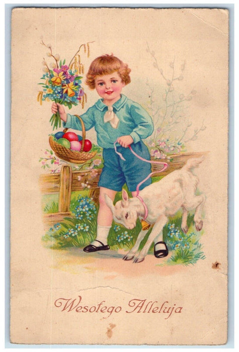 c1910's Happy Easter Boy With Eggs Basket Flowers Cattail Lamb Antique Postcard