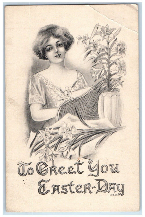 c1910's Easter Pretty Woman Lilies Flowers Detroit Michigan MI Antique Postcard