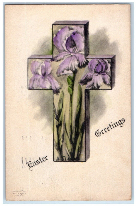 1911 Easter Greetings Holy Cross Flowers Saginaw Michigan MI Antique Postcard