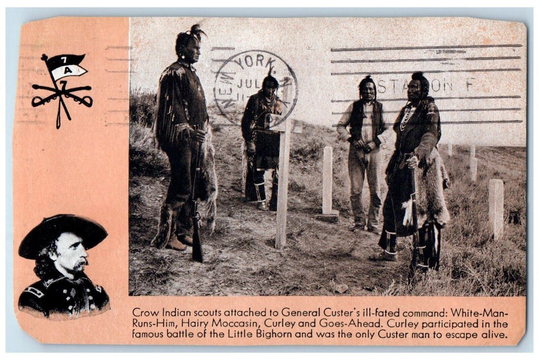 1940 Crow Indian Scouts General Custers Park New York Burlington Route Postcard