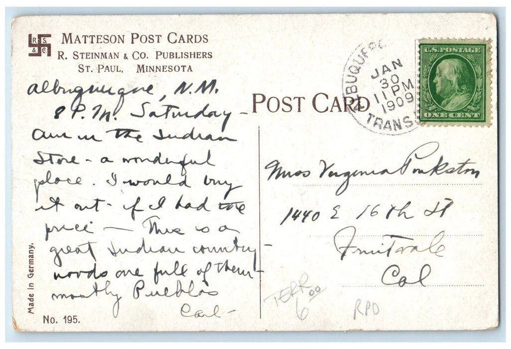 1909 Pueblo Indian Family St. Paul Minnesota Matteson Vintage Antique Postcard