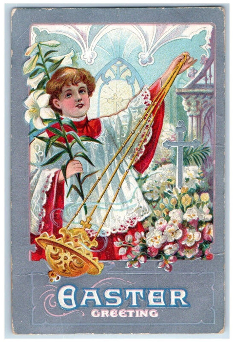 1909 Easter Greeting Boy Incense Church Flowers Embossed Detroit MI Postcard