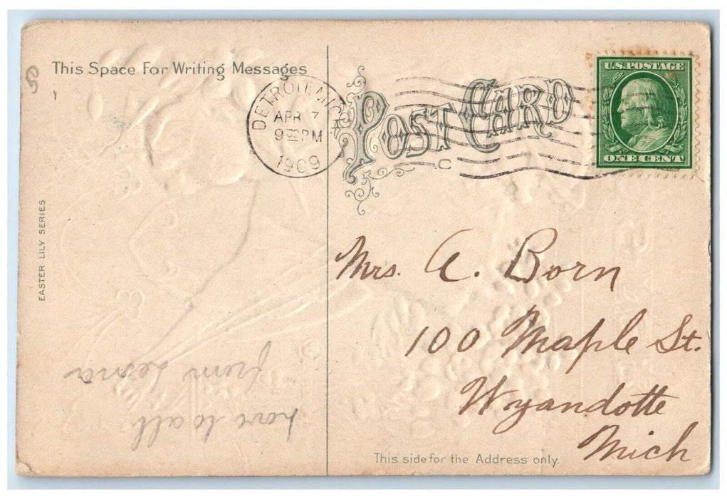 1909 Easter Greeting Boy Incense Church Flowers Embossed Detroit MI Postcard