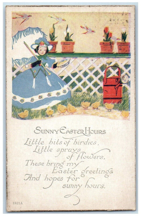 1921 Easter Hours Woman Feeding Chicks Watering Can Flowers In Pot Nash Postcard