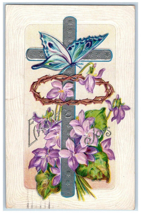 1911 Easter Holy Cross Purple Flowers Crown Embossed Saginaw MI Antique Postcard