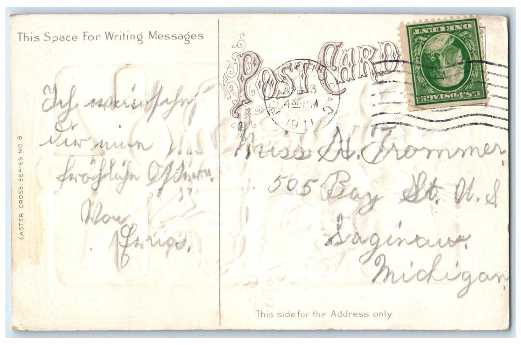 1911 Easter Holy Cross Purple Flowers Crown Embossed Saginaw MI Antique Postcard