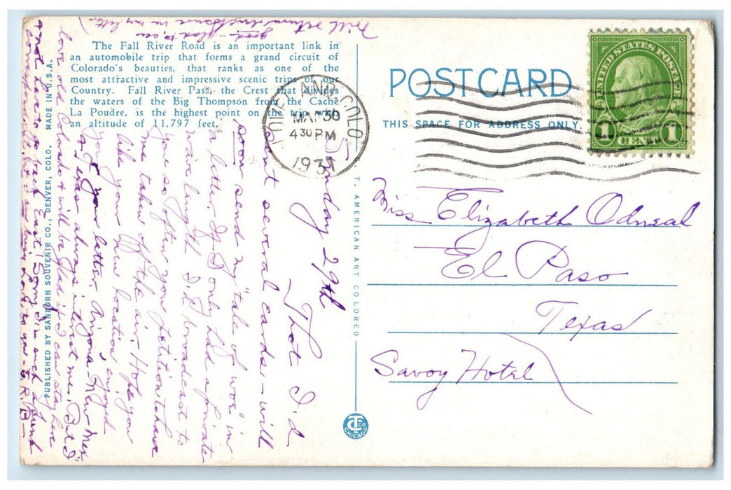 1931 Summit Of Fall River Road Grand Lake Estes Park RoadColorado CO Postcard