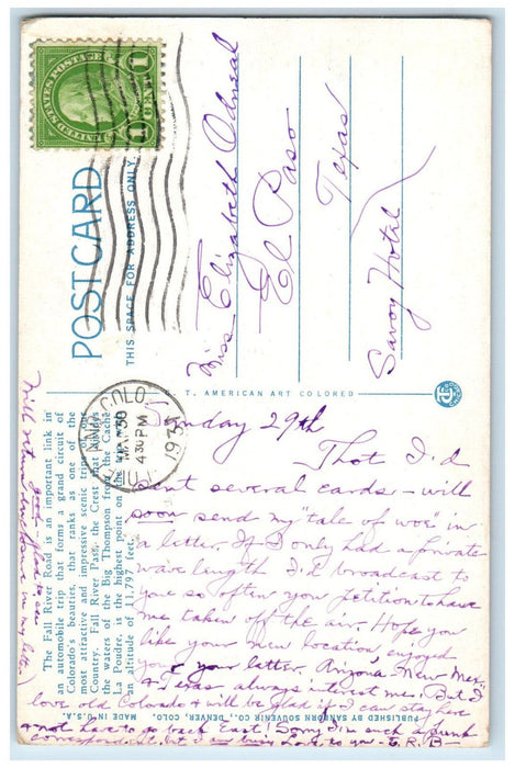 1931 Summit Of Fall River Road Grand Lake Estes Park RoadColorado CO Postcard