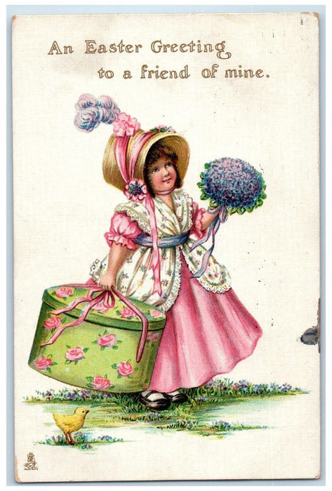 1915 Easter Greetings Woman Big Hat Box Flowers Chick Tuck's Detroit MI Postcard