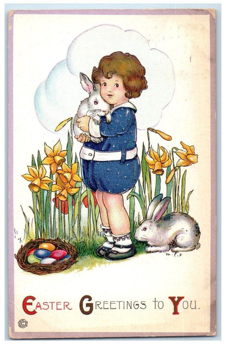 1910 Easter Greetings Little Girl Rabbit Eggs Nest Flowers Detroit MI Postcard