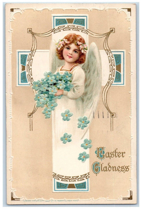 1951 Easter Gladness Holy Cross Angel Flowers Embossed Detroit MI Postcard