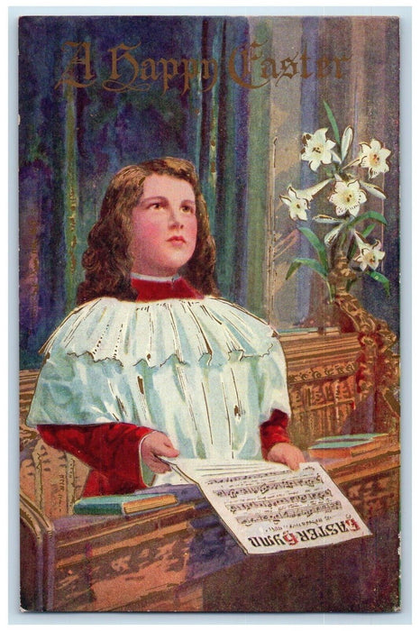 c1910's Happy Easter Woman Carol Church Lilies Flowers Unposted Antique Postcard