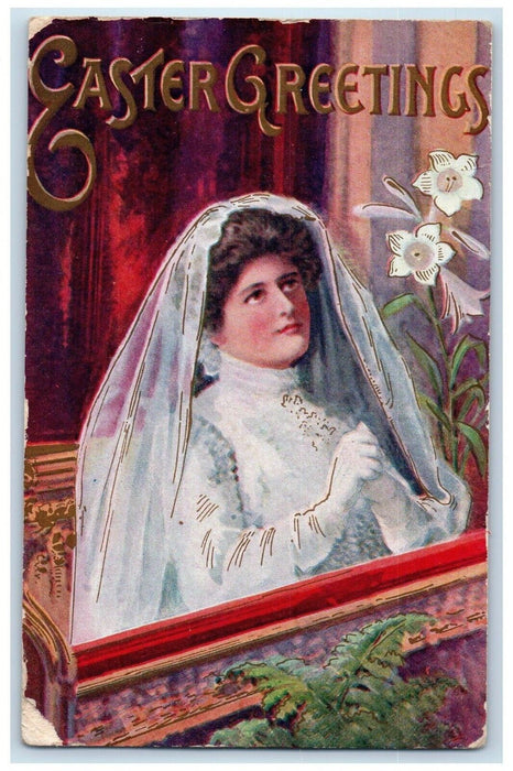 c1910's Easter Greetings Woman Bridal Praying On Church Posted Antique Postcard