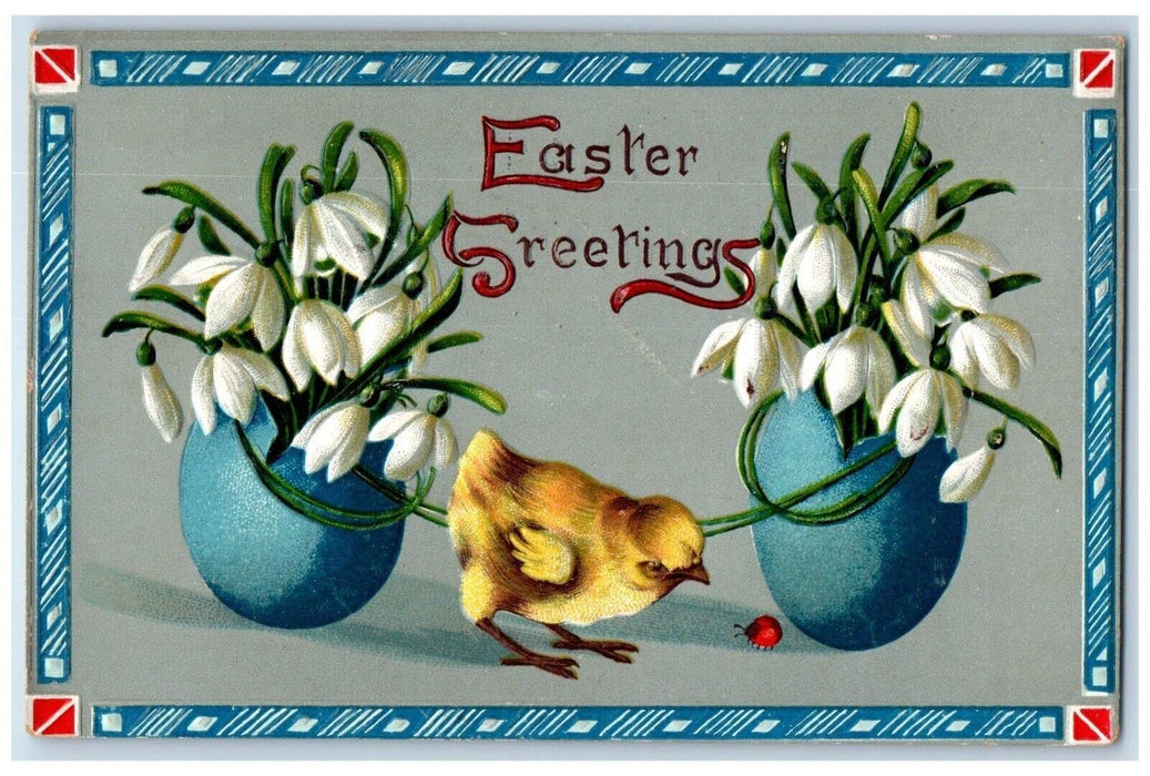 1910 Easter Greetings Chick Lady Bug Lilies Flowers In Hatched Eggs Postcard