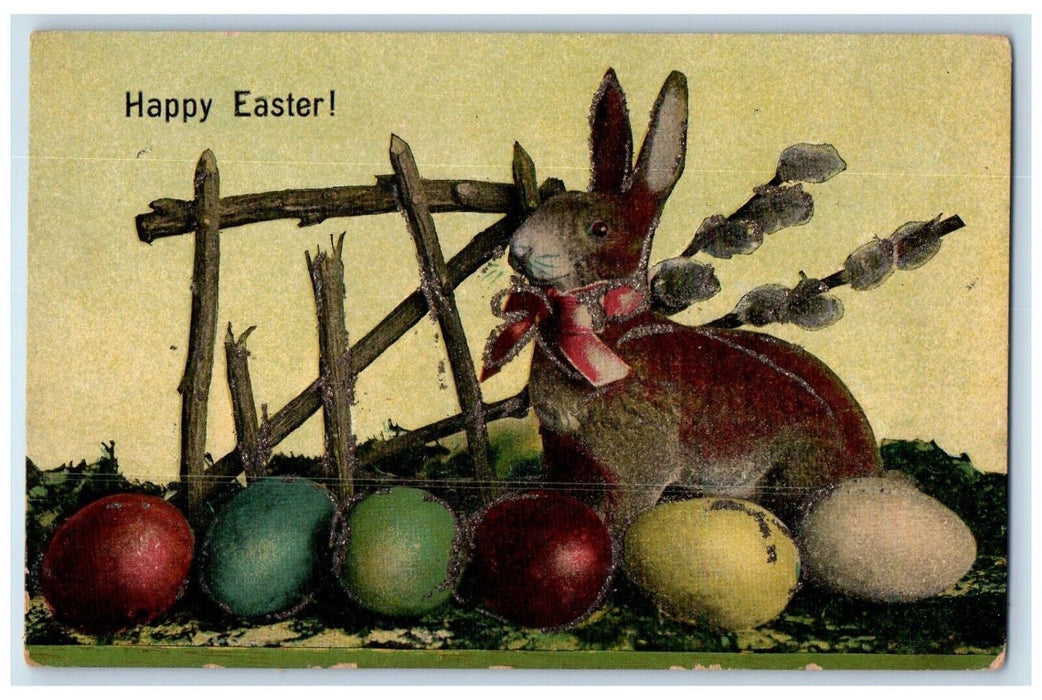 c1910's Happy Easter Rabbit Eggs Glitter Pipe Berry Posted Antique Postcard
