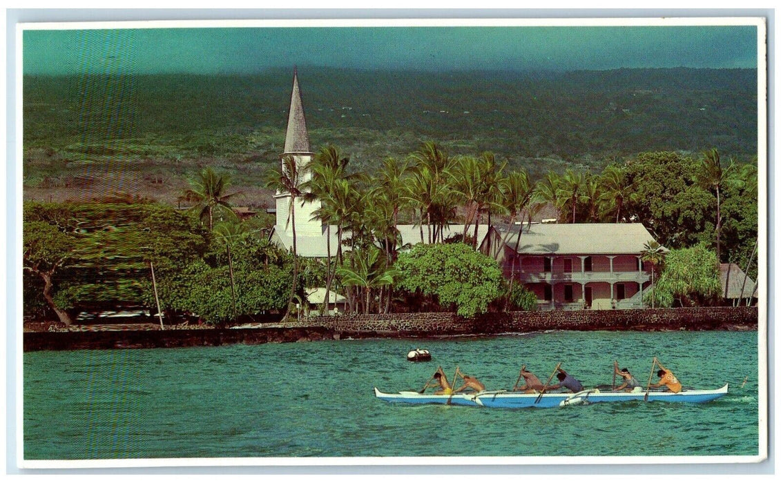 1983 Outrigger Canoe Kailua Bay Kona Hulihee Palace Background Hawaii Postcard