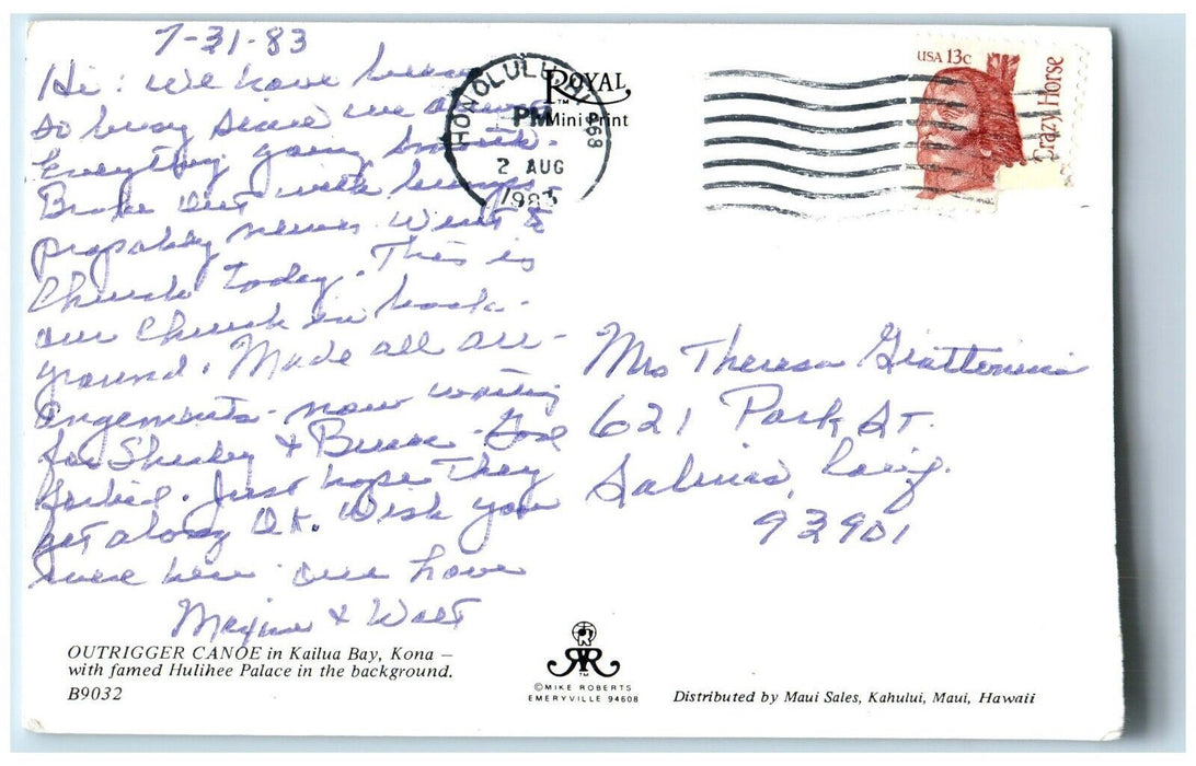 1983 Outrigger Canoe Kailua Bay Kona Hulihee Palace Background Hawaii Postcard