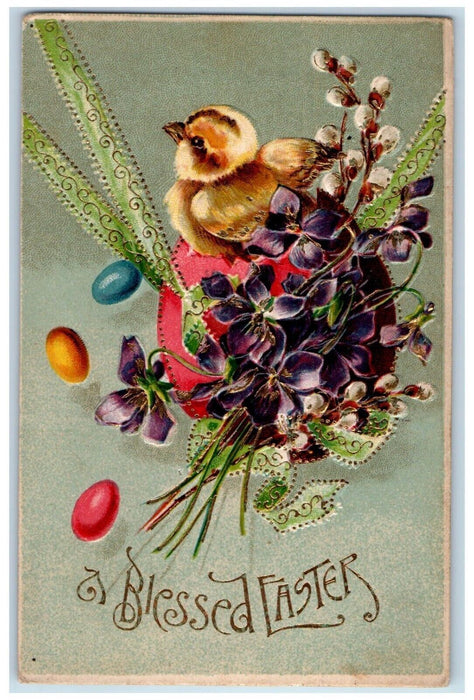 1908 Easter Chick In Hatched Egg Flowers Embossed Saginaw W. Side MI Postcard
