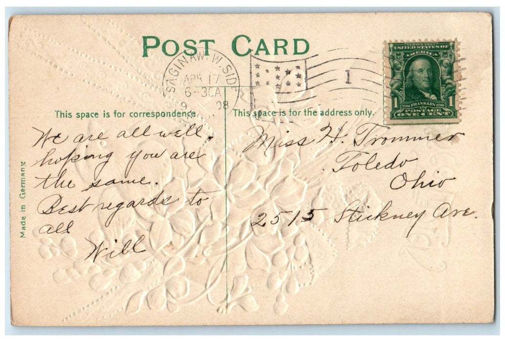 1908 Easter Chick In Hatched Egg Flowers Embossed Saginaw W. Side MI Postcard