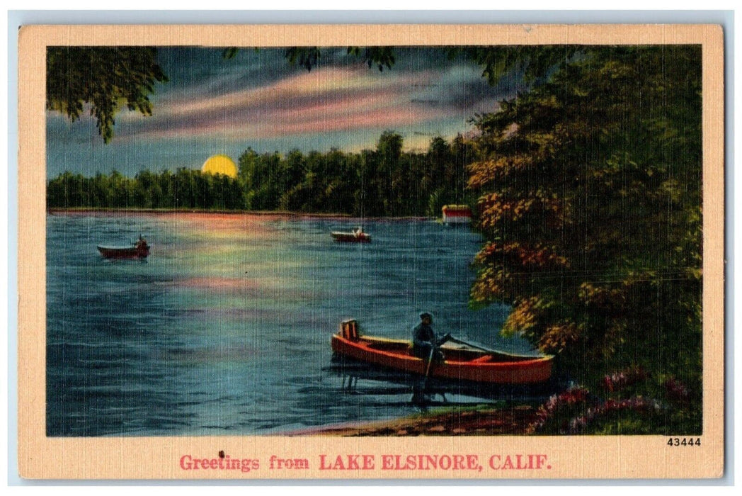 1946 Greetings From Lake Elsinore California Banner Canoeing Boat Moon Postcard