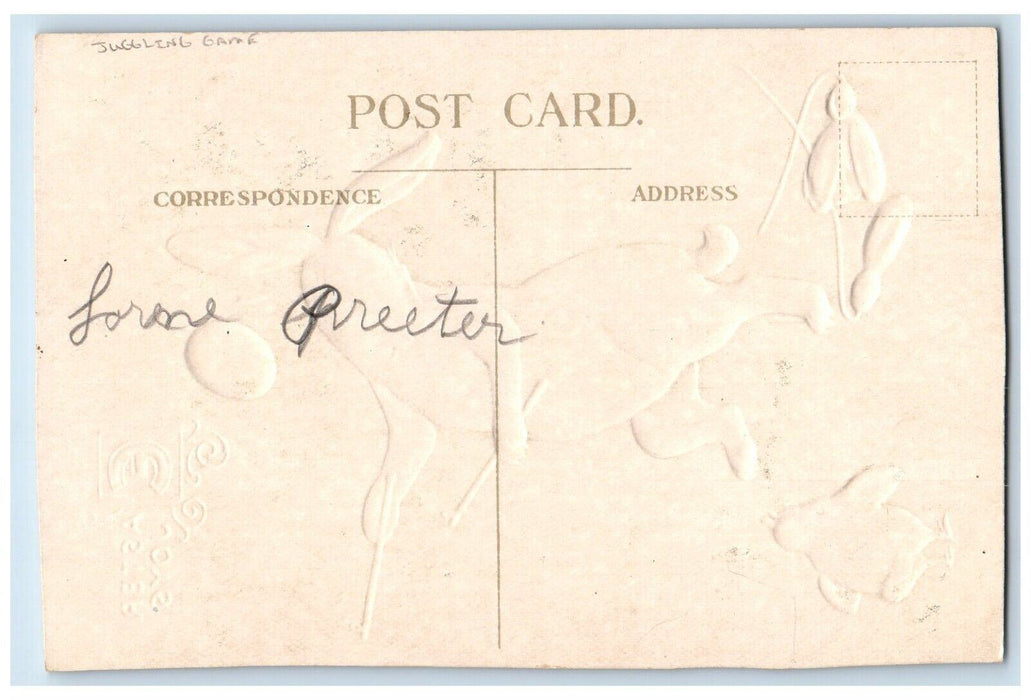 c1910's Easter Joys Anthropomorphic Rabbit Juggling Game Egg Chick Postcard