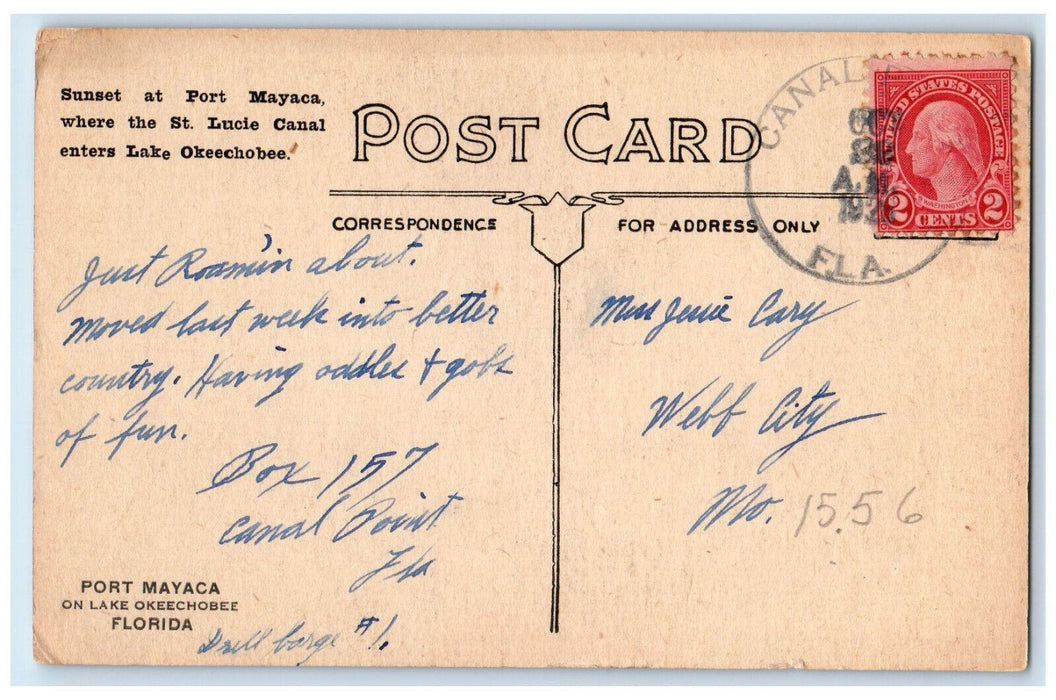 1922 Sunset At Port Mayaca St. Lucie Canal Lake Okeechobee Florida FL Postcard