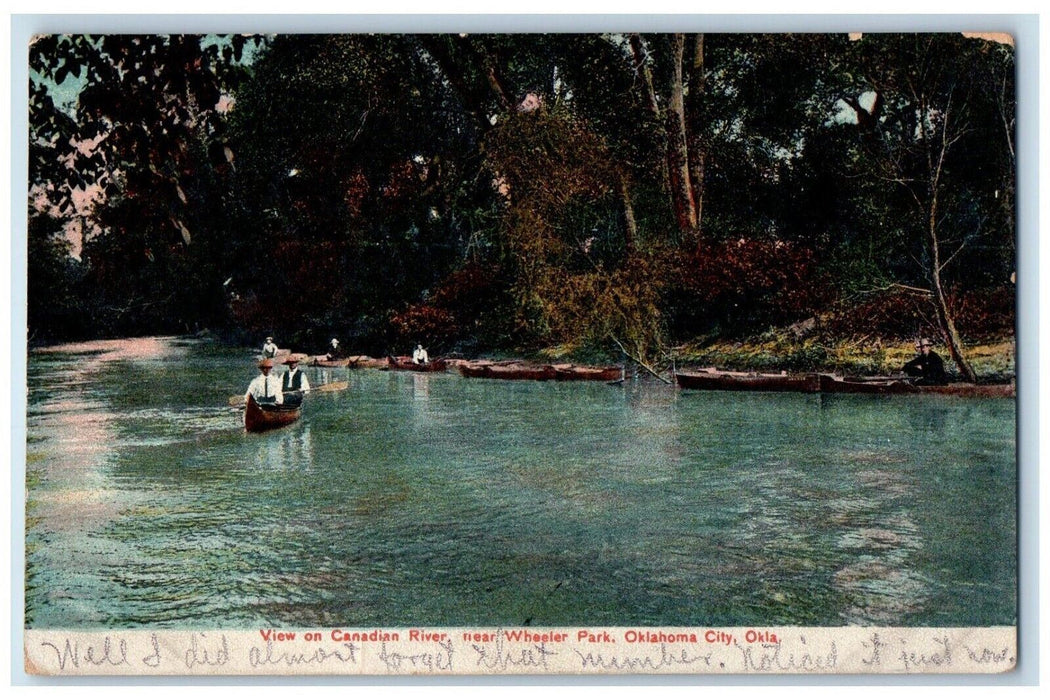 1907 View Canadian River Wheeler Park Canoe Boat Oklahoma City Oklahoma Postcard