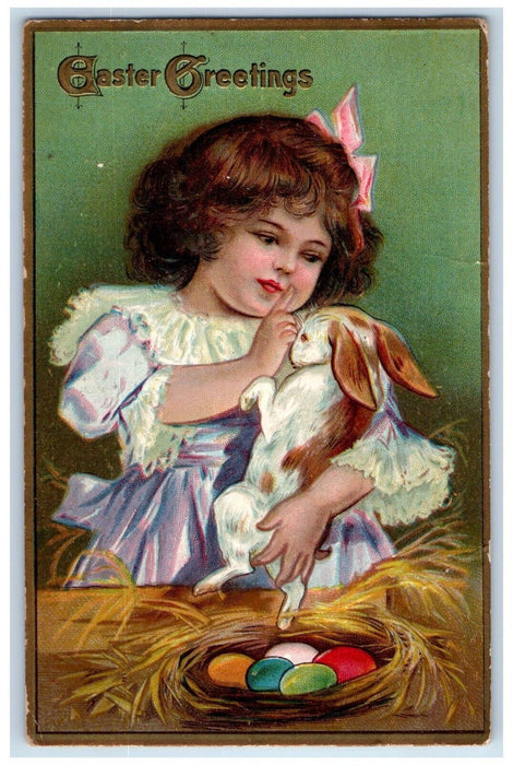 1909 Easter Greetings Little Girl Rabbit Eggs Nest Embossed Detroit MI Postcard