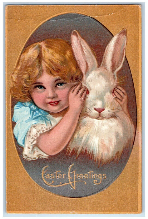 Easter Greetings Little Girl Rabbit Art Manufacturing Co. Amelia OH Postcard