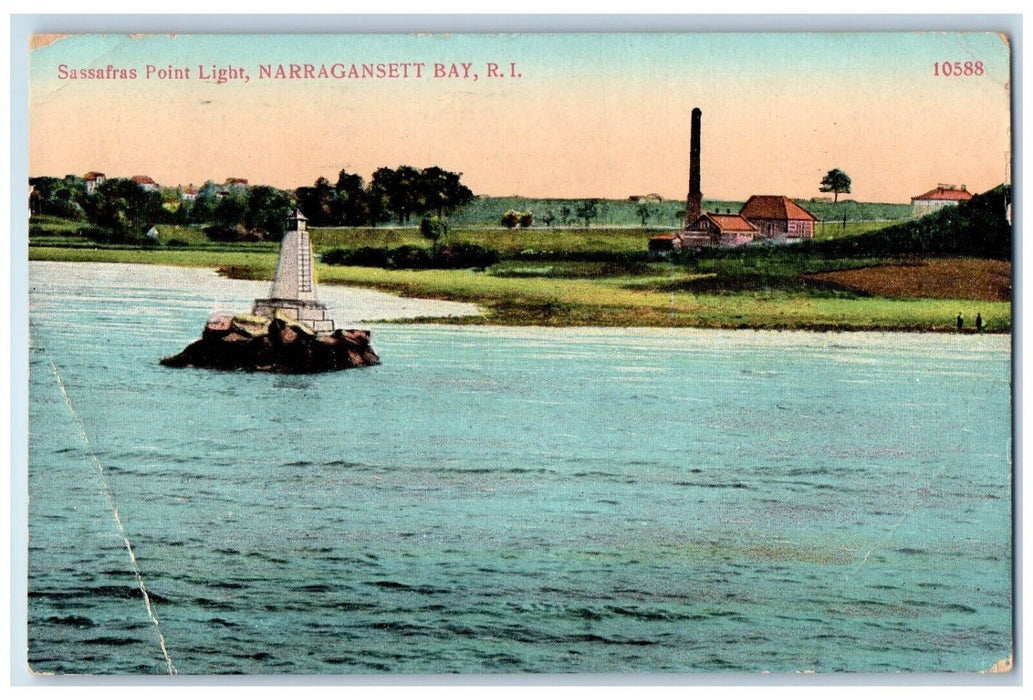 1909 Sassafras Point Light Lighthouse Narragansett Bay Rhode Island RI Postcard