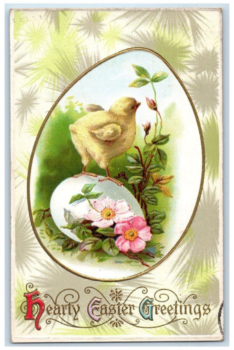 1911 Easter Greetings Egg Chick Flowers Embossed Saginaw Michigan MI Postcard