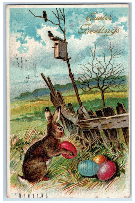 1914 Easter Greetings Rabbit Eggs Birds House Detroit Michigan MI Postcard