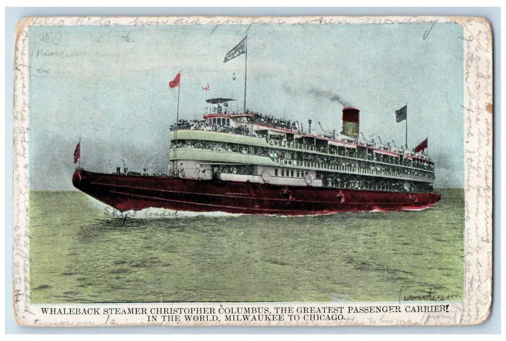 1906 Whaleback Steamer Christopher Columbus Passenger Milwaukee Chicago Postcard