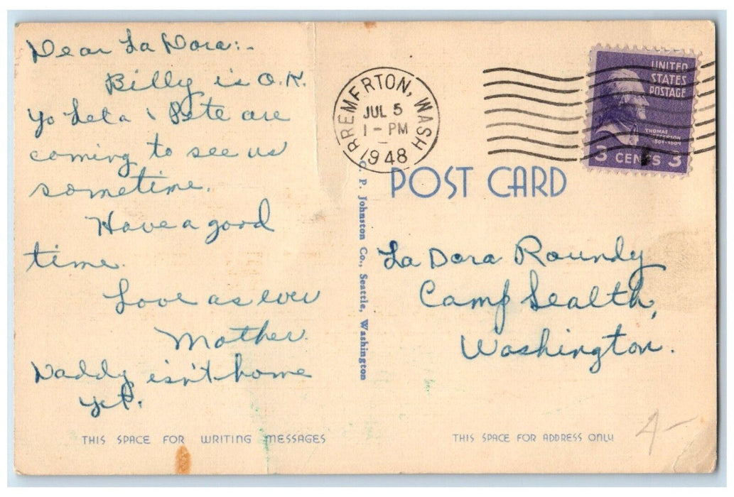 1948 Kalakala Leaving Seattle Harbor Moonlight Cruise Ship Bremerton WA Postcard