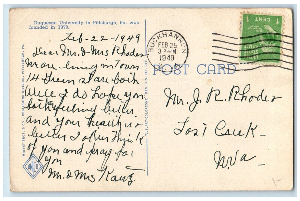 1949 Birds Eye View Duquesne University Pittsburgh Pennsylvania Vintage Postcard