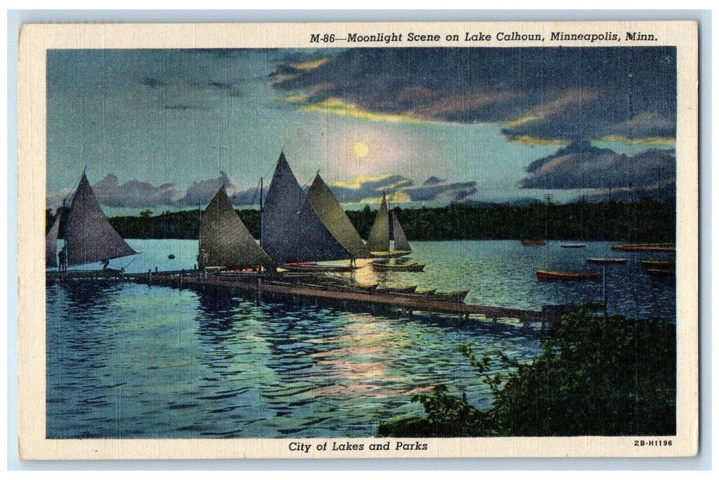 c1940 Moonlight Scene Moon Night Lake Calhoun Minneapolis Minnesota MN Postcard