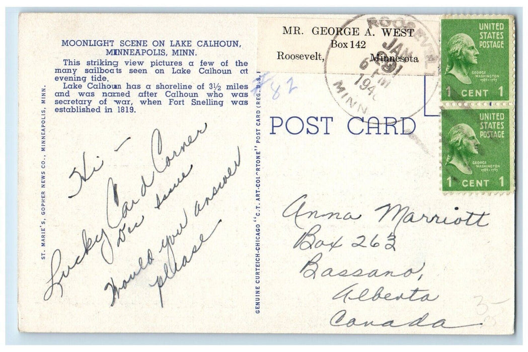 c1940 Moonlight Scene Moon Night Lake Calhoun Minneapolis Minnesota MN Postcard