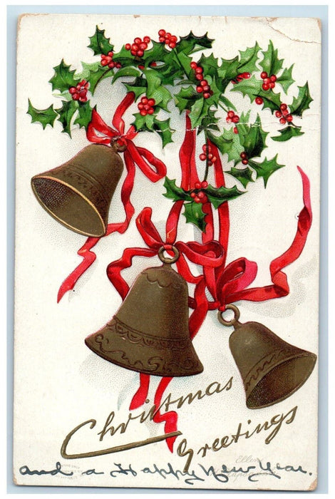 Christmas Greetings Bells Berries Clapsaddle Calpella CA Purpel Cancel Postcard